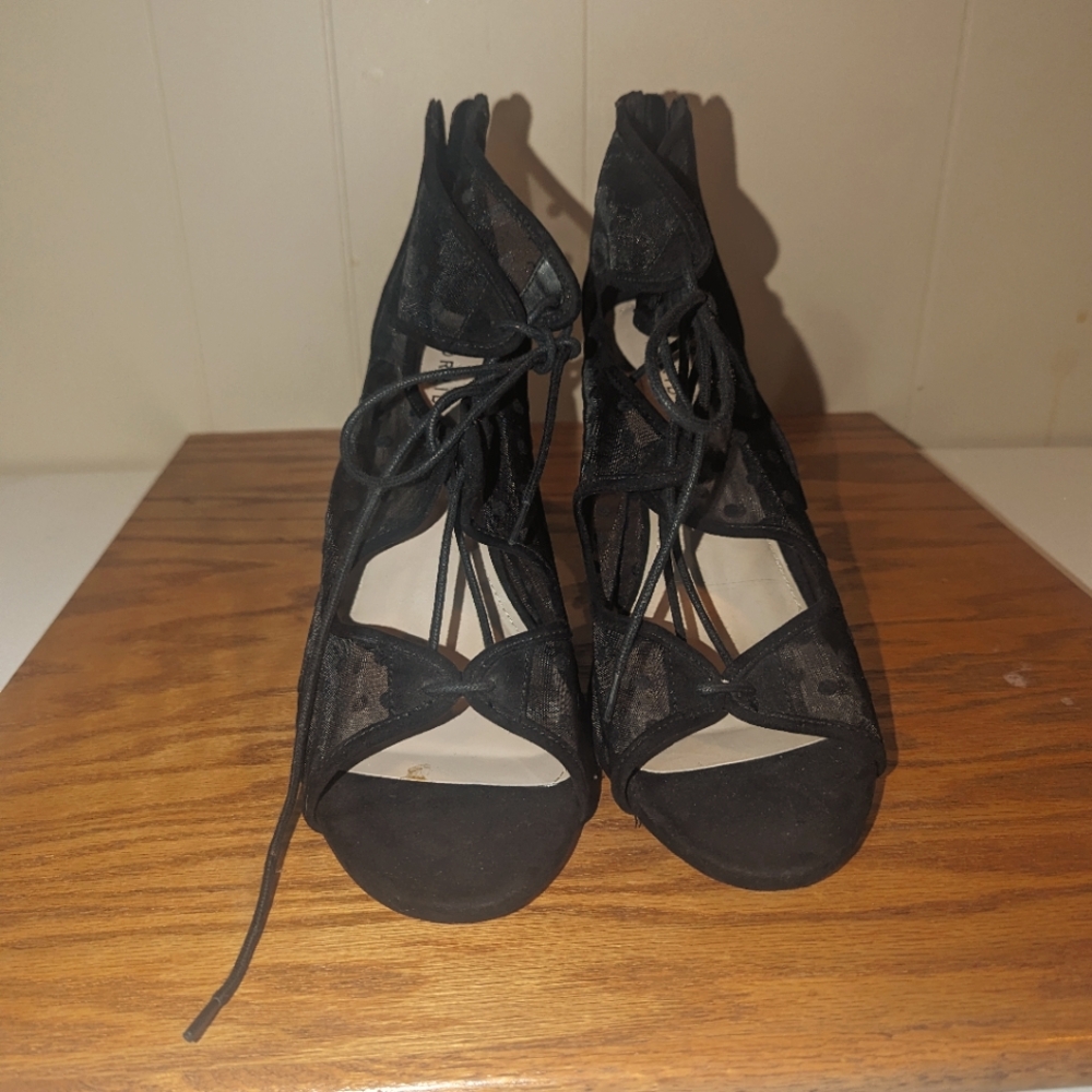 Torrid 13w black sheer polka dot lace up heels